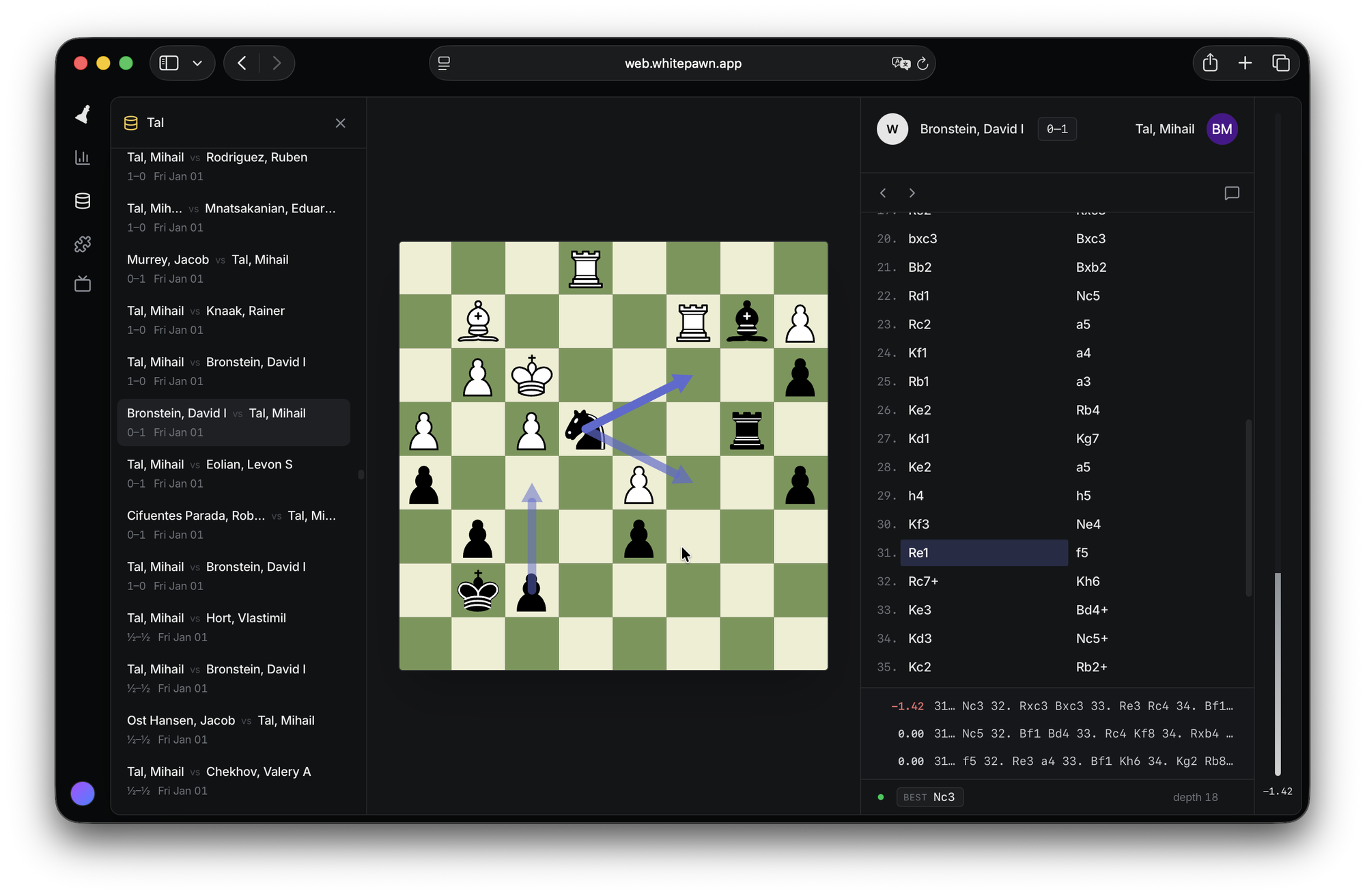 WhitePawn Web analyzing a Tal game, with arrows on the board and engine evaluation lines deepening beside the move list
