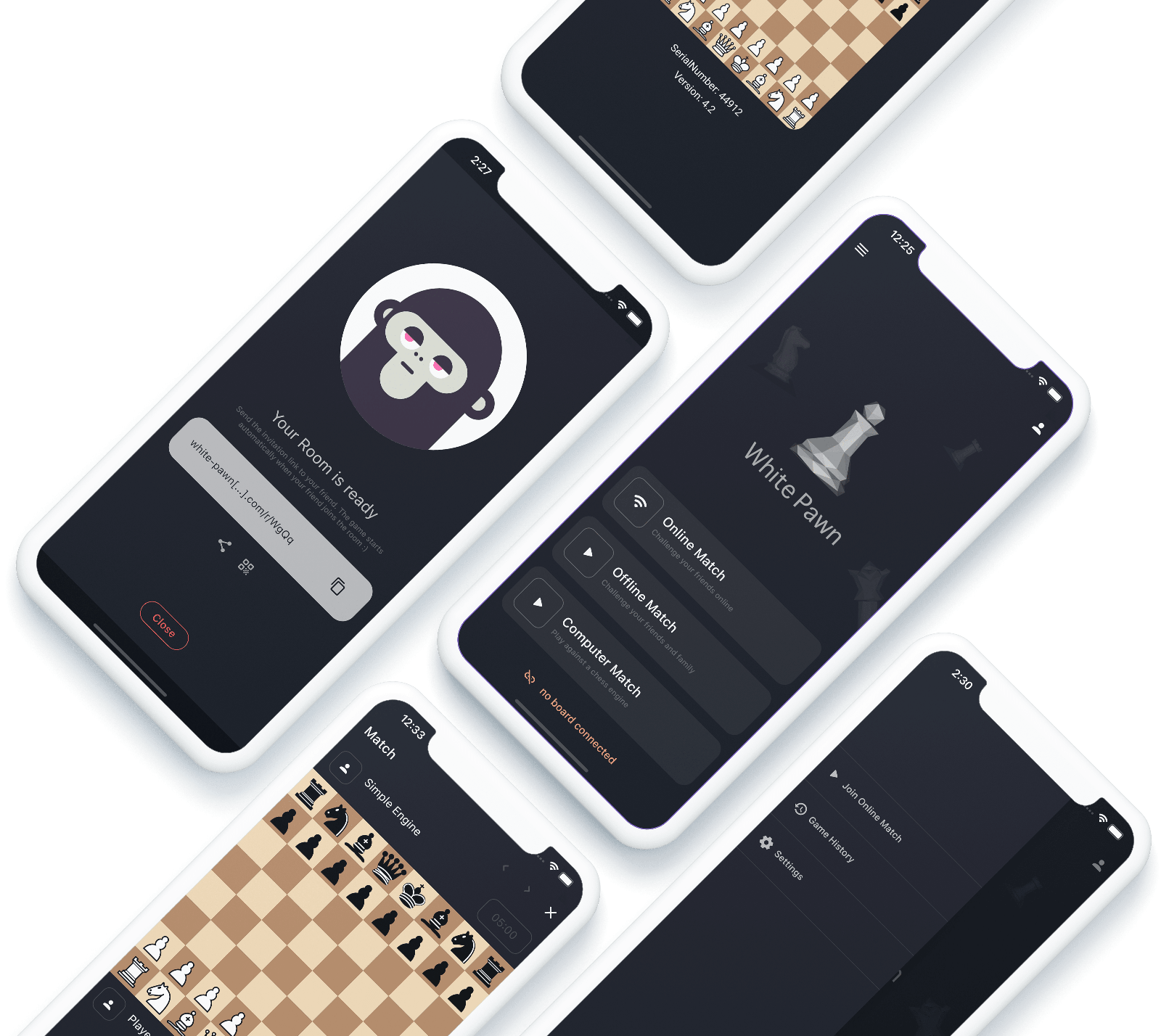 WhitePawn app running on a phone next to an electronic chess board